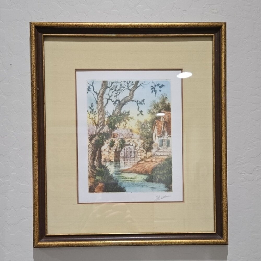 Vintage J. Bott Lithograph Hand-Colored Etching of French Countryside Framed EC